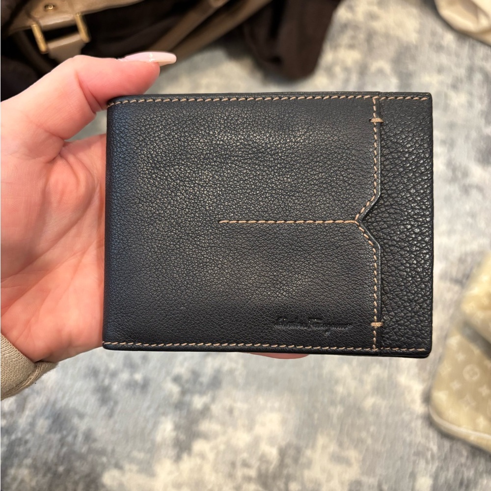 Salvatore Ferragamo Black Pebbled Leather Card Wallet with Tan Stitching